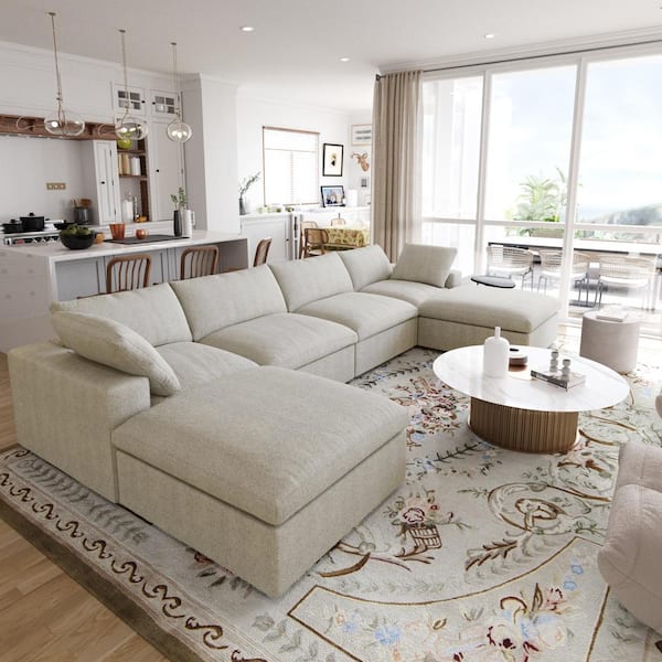 160.6 in. Square Arm Linen Velvet 6-Piece Modular Free Combination Sectional Sofa with Ottoman in Light Khaki