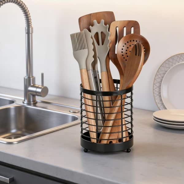 Black Stainless Steel Kitchen Utensil Holder with Drainage Holes for Cooking Tools Countertop Organizer