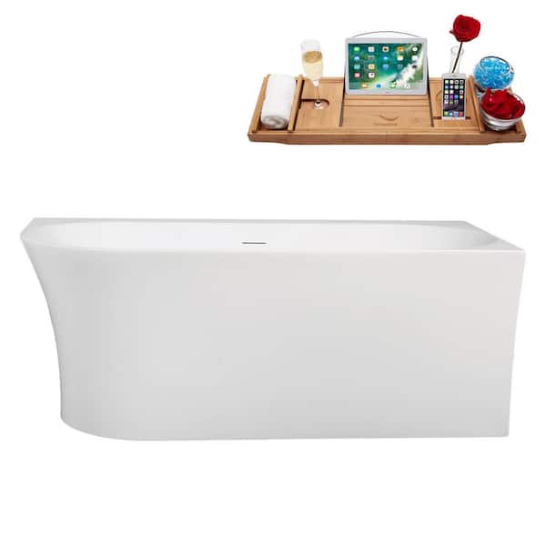 Streamline 59 in. x 30 in. Acrylic Freestanding Soaking Bathtub in Glossy White with Polished Gold Drain, Bamboo Tray