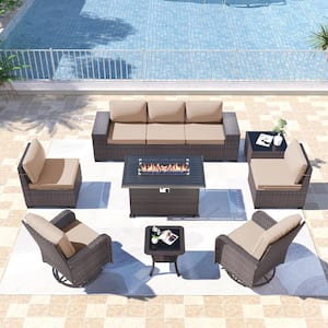 10-Piece Wicker Outdoor Patio Conversation Set with 55000 BTU Propane Fire Pit Table and Swivel Rocking Chairs, Sand