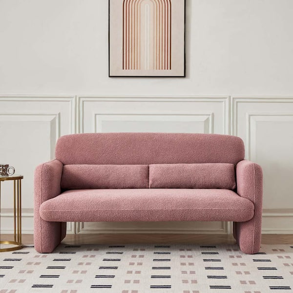 59 in. Straight Arm Lamb Fleece Fabric Rectangle Sofa in Pink with Support Pillow