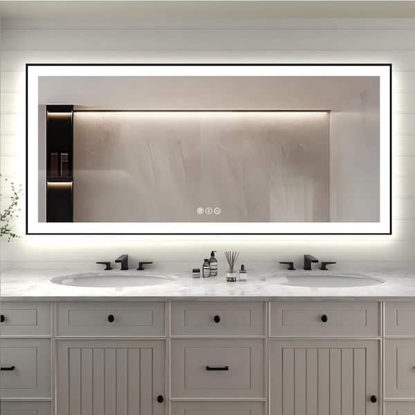 Aura 77 in. W x 36 in. H Rectangular Frameless Anti-Fog Ceiling Wall Mount Bathroom Vanity Mirror in Silver