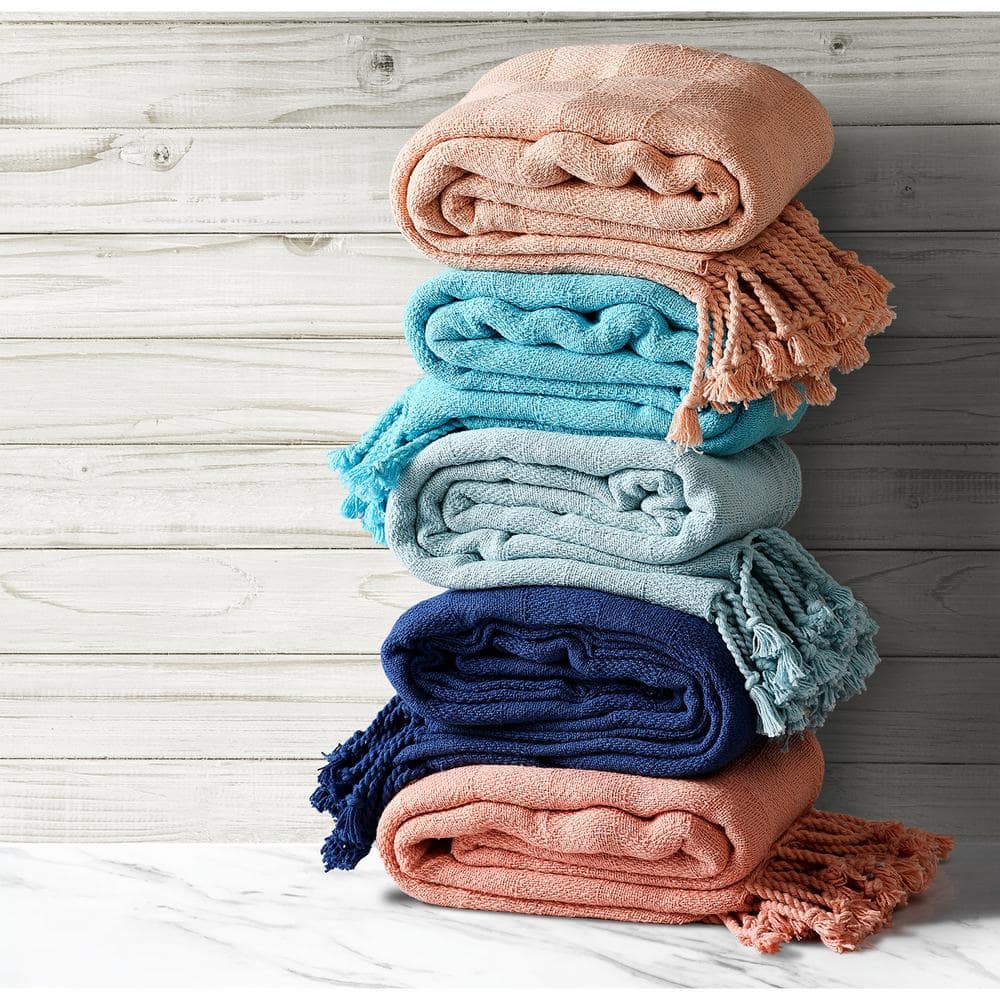 Coral Pink Organic Cotton Throw Blanket with Fringe