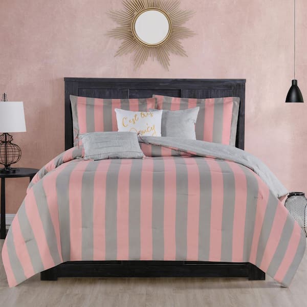 JUICY COUTURE Grey/Pink Juicy Cabana Stripe Queen Microfiber Comforter Set