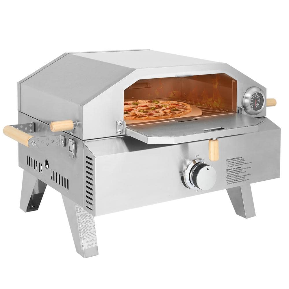 Propane Tank Gas Outdoor Pizza Oven 2-in-1 Pizza Maker and Propane Grill w/ Pizza Stone & Auto-ignition, Stainless Steel