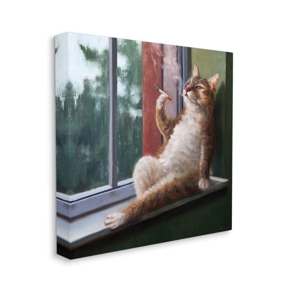 Stupell Industries "House Cat Smoking Lounging in Window Pane" by  Lucia Heffernan Unframed Animal Canvas Wall Art Print 17 in. x 17 in.  ae-150_cn_17x17
