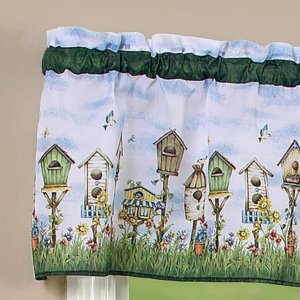 Pistachio Green Floral Birdhouse Print Tier Curtains with Valance