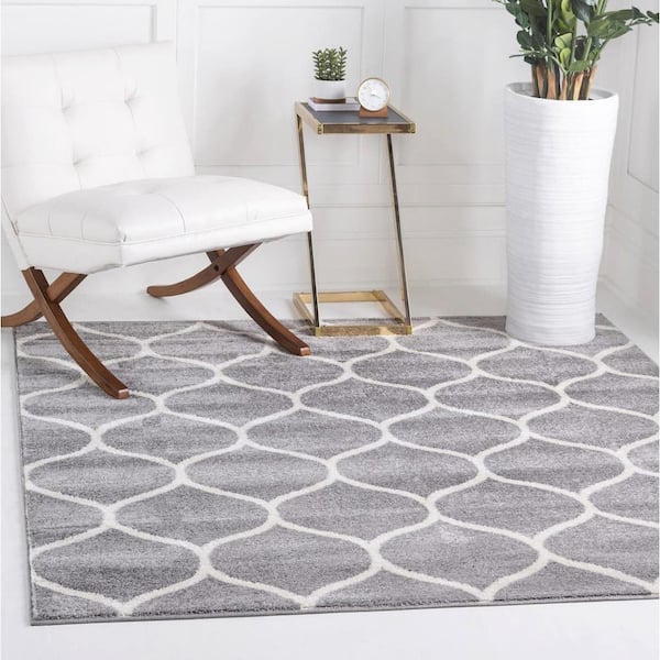Trellis Frieze Collection Area Rug - Rounded (7 ft. 10 in. Square Light Gray/Ivory)