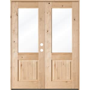 64 in. x 96 in. Rustic Knotty Alder Clear Half-Lite Unfinished Wood with V-Groove Left Active Double Prehung Front Door