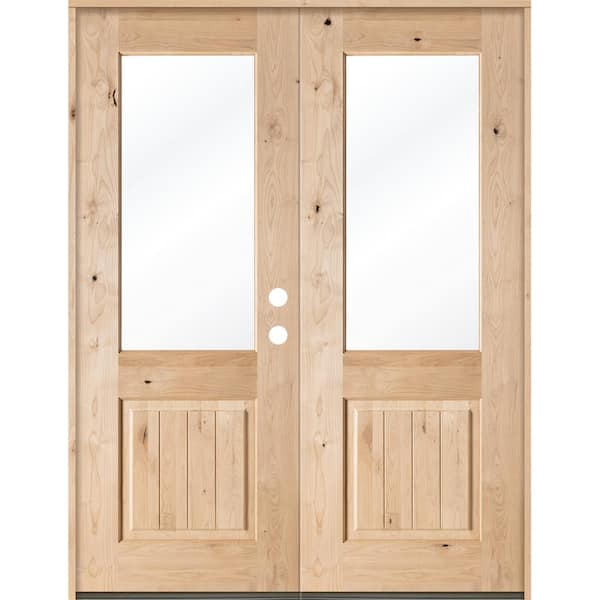 Krosswood Doors 64 in. x 96 in. Rustic Knotty Alder Clear Half-Lite Unfinished Wood with V-Groove Left Active Double Prehung Front Door