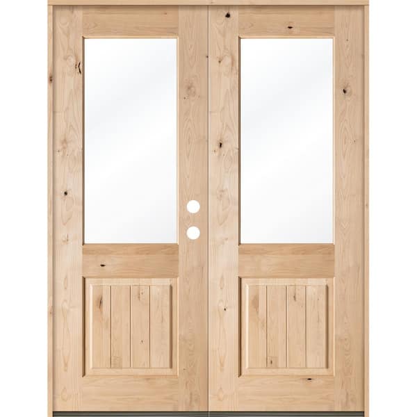 Krosswood Doors 72 in. x 96 in. Rustic Knotty Alder Clear Half-Lite Unfinished Wood with V-Groove Left Active Double Prehung Front Door
