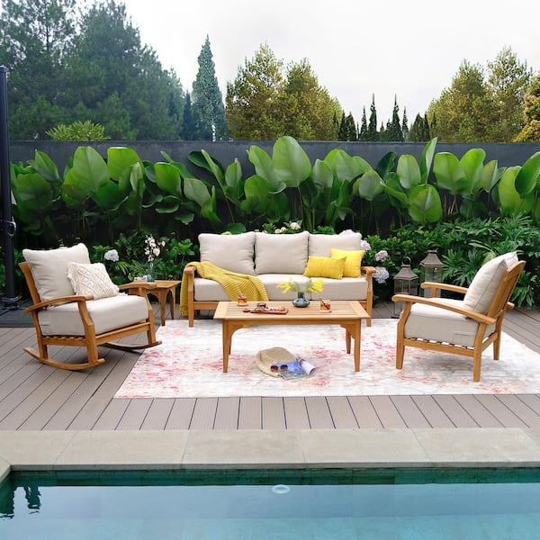Torrey 5-Piece Teak Outdoor Patio Conversation Set with Beige Cushion