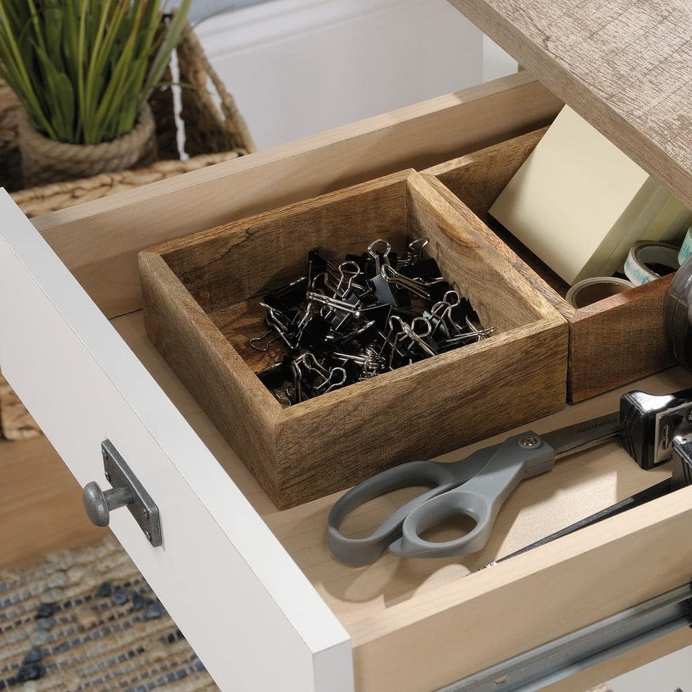 Soft White Coastal Home Office Desk with Lintel Oak Accent