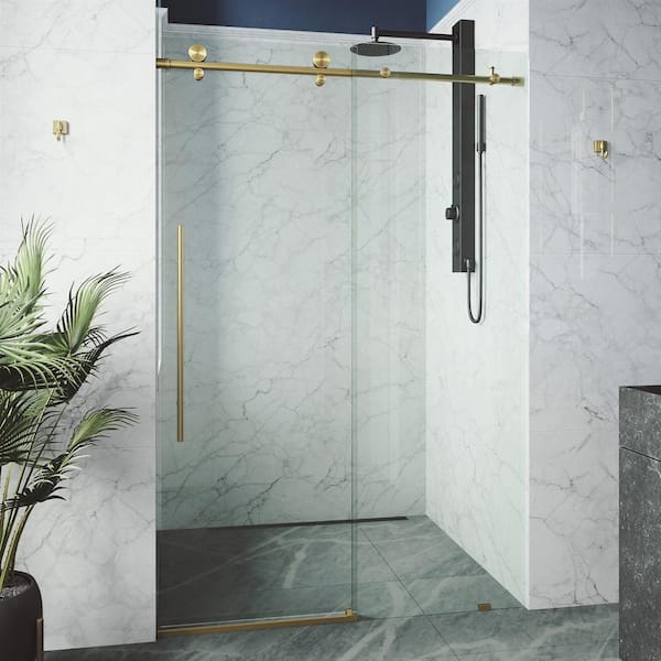 VIGO Elan E-Class 56 to 60 in. W x 76 in. H Frameless Sliding Shower Door in Matte Brushed Gold with 3/8 in. Clear Glass