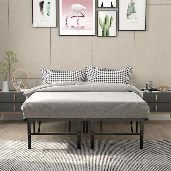 Black Steel Frame Full Size Platform Bed Tool-Free Assembly with Foldable