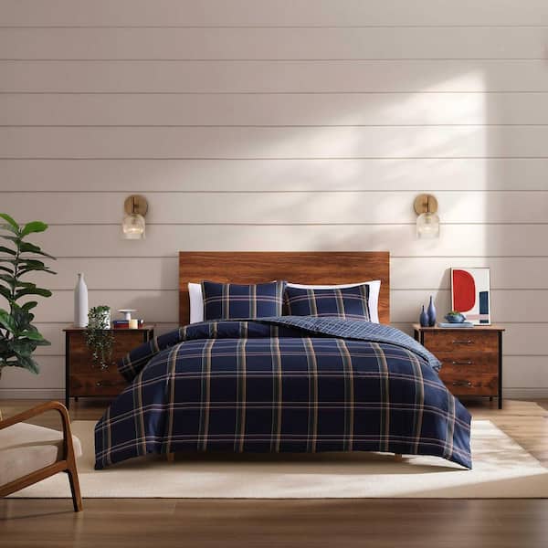 Beacon Plaid 2-Piece Navy Blue/Dark Yellow Cotton Percale Twin Duvet Cover Set