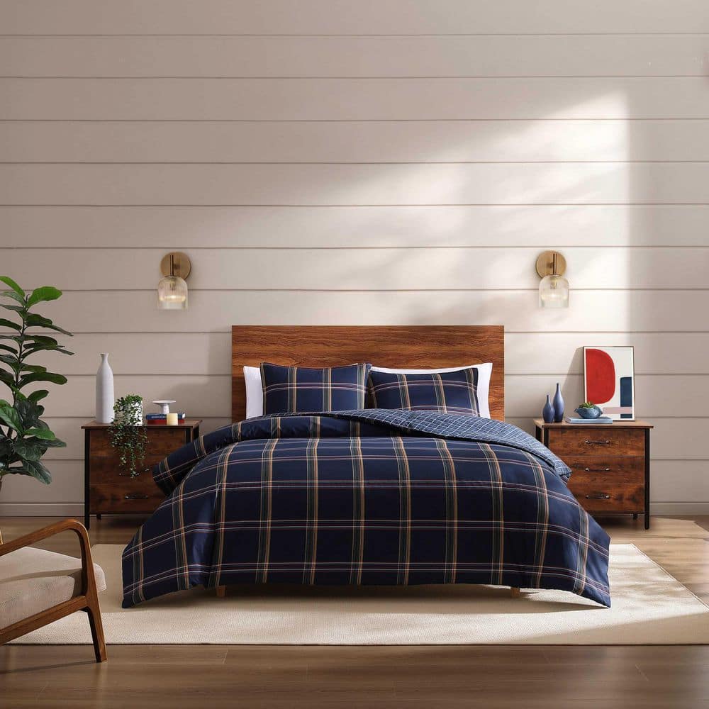 Beacon Plaid 3-Piece Navy Blue/Dark Yellow Cotton Percale Full/Queen Duvet Cover Set price history on PriceWatchPro