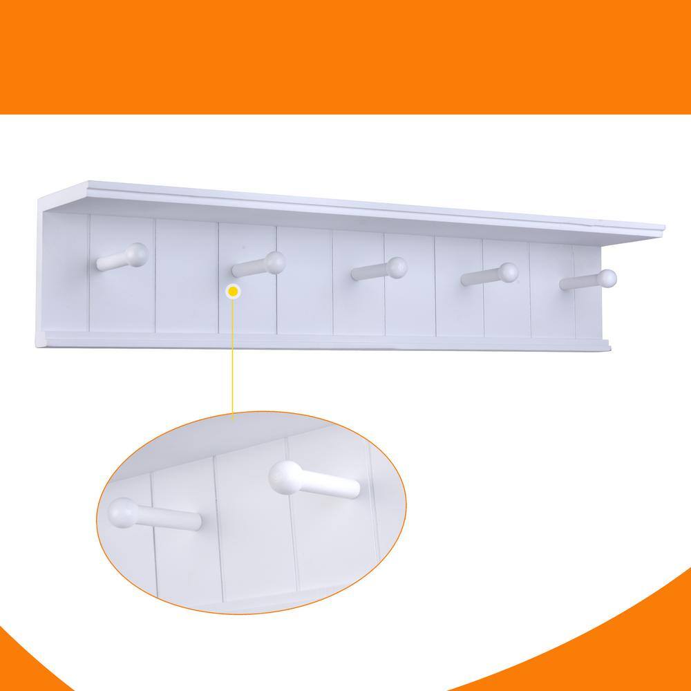 White Wooden Wall Mount Coat Rack with Shelf and 5 Hooks