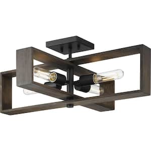 Boundary 24 in. 4-Light Matte Black Contemporary Flush Mount with Roasted Chicory Accents for Kitchen or Bedroom