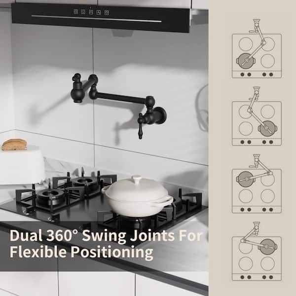 Brass Pot Filler Faucet, 23" Wall Mount Kitchen Folding 2 Handle with Double Joint Swing Arms Matte Black