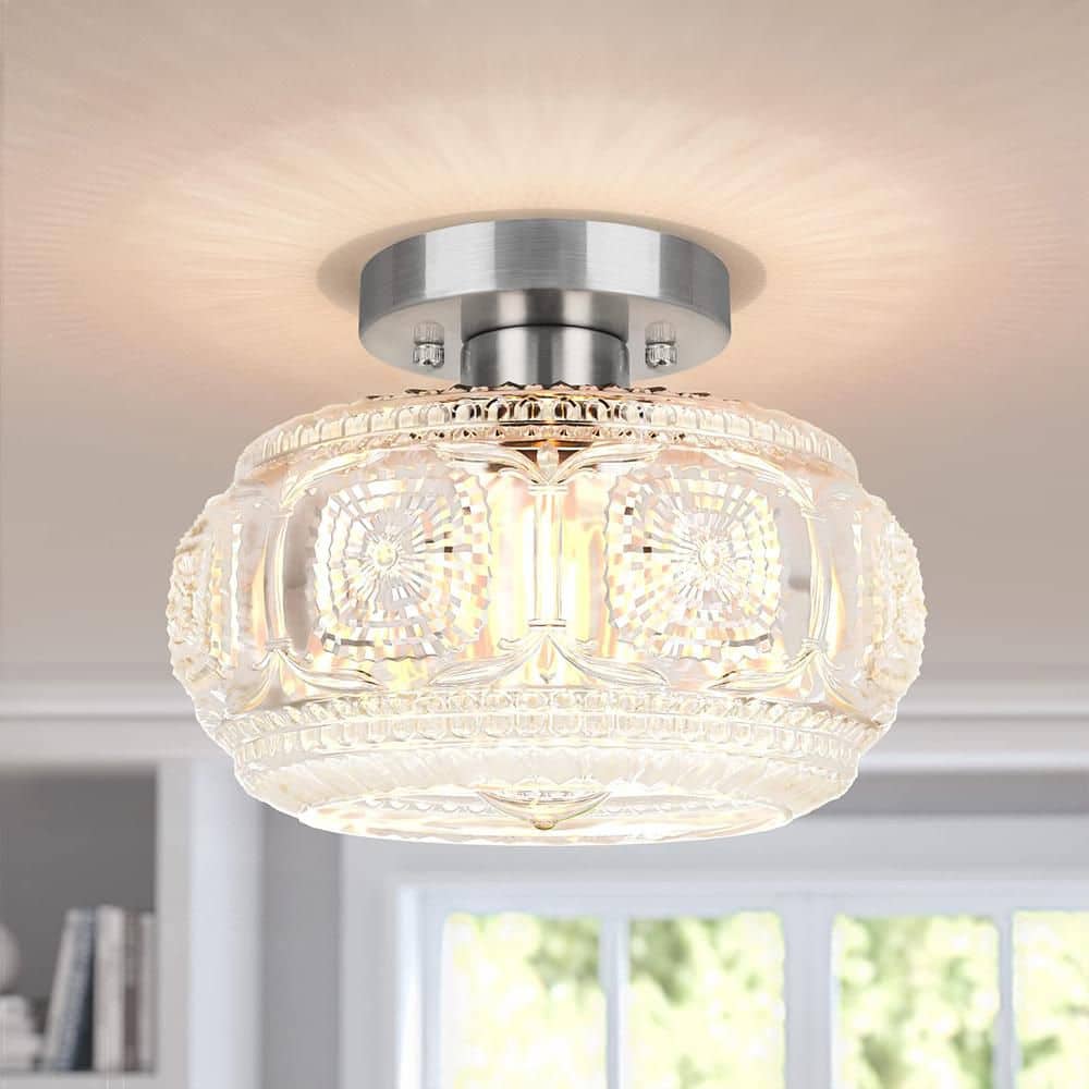 9 in. 1-Light Silver Semi Flush Mount Ceiling Light with Crystal Glass ...