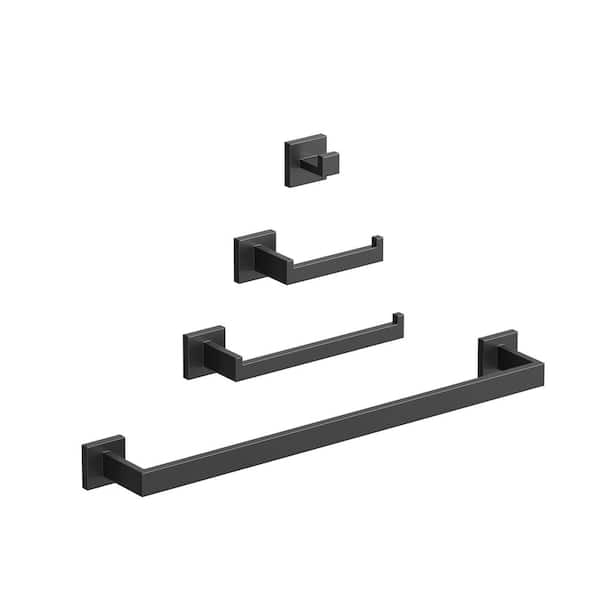 4-Piece Bath Hardware Set with 2 Towel Racks, 1 Toilet Paper Holder and 1 Towel Hook in Stainless Steel Matte Black