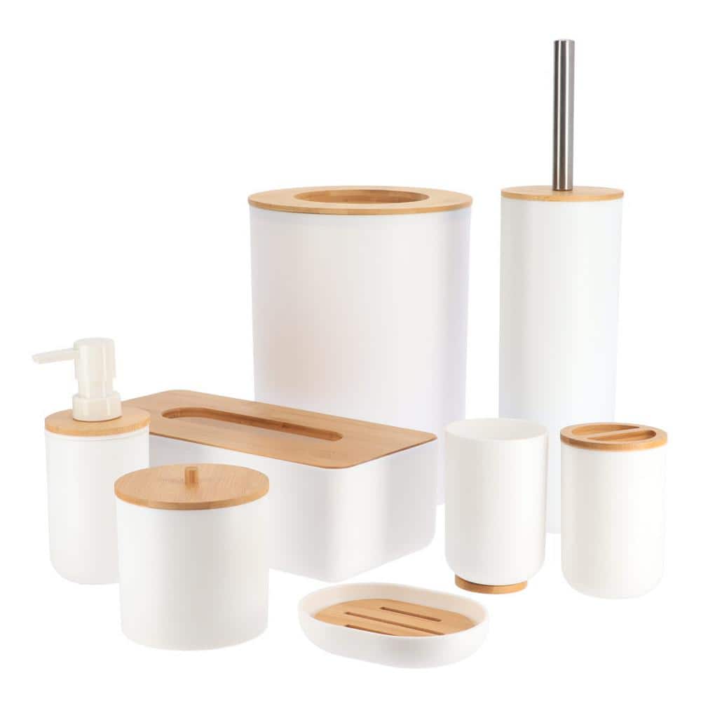 Compact White and Bamboo Bathroom Trash Can with Removable Lid