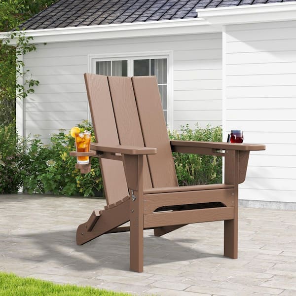 Classic Brownwood Folding Plastic Adirondack Chair with Double Cup Holder