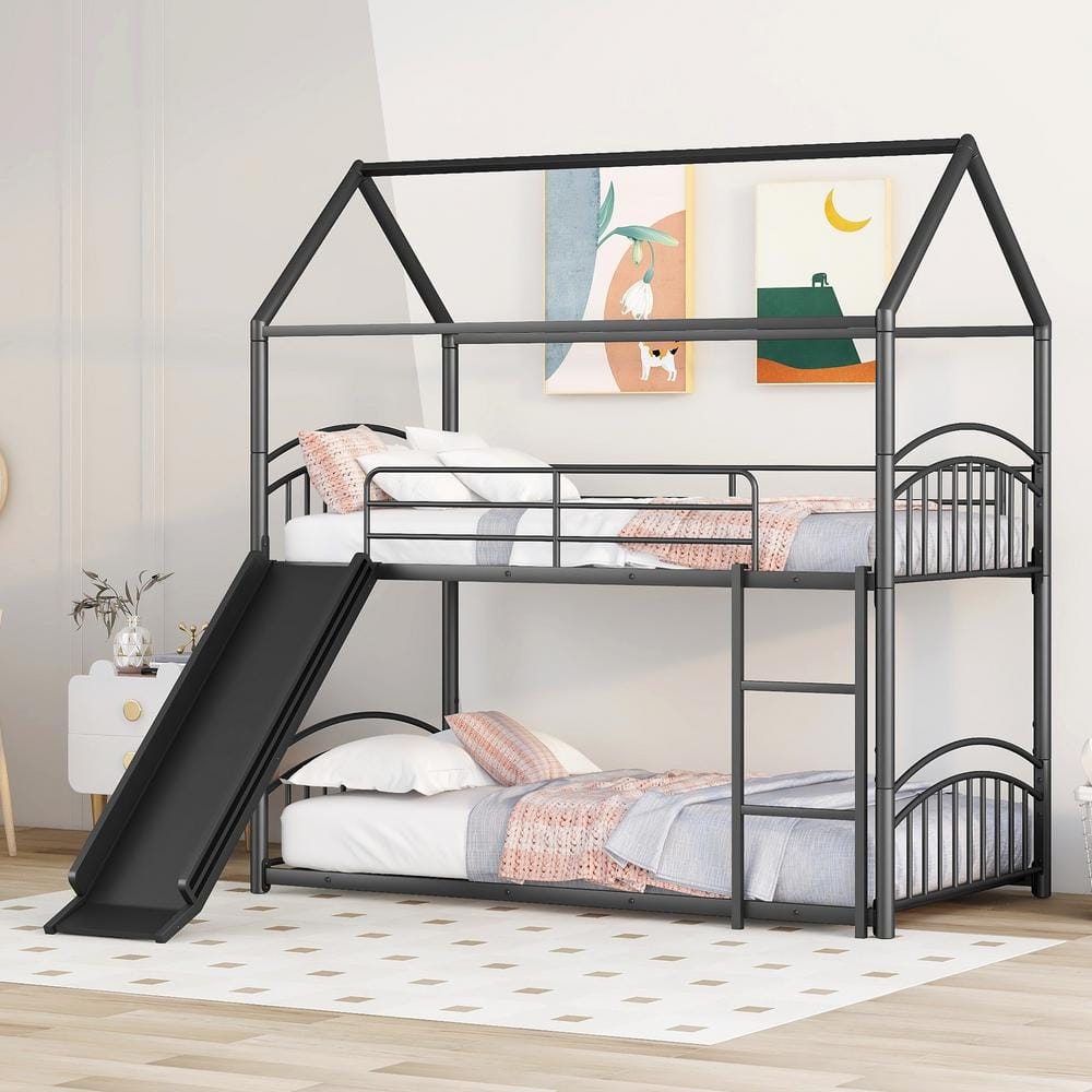 Black Twin Over Twin Metal Bunk Bed With Slide, Kids House Bed price history on PriceWatchPro