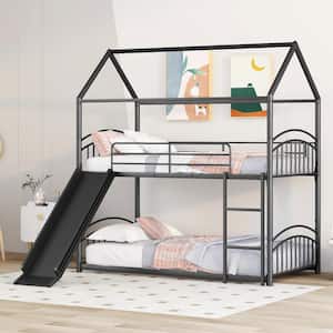 Black Twin Over Twin Metal Bunk Bed With Slide, Kids House Bed