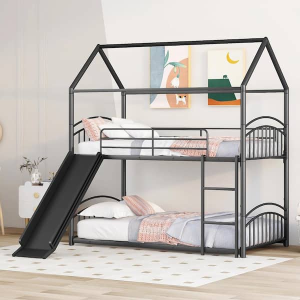 Polibi Black Twin Over Twin Metal Bunk Bed With Slide, Kids House Bed