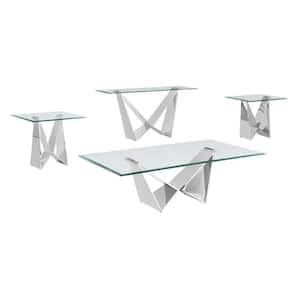 Arie 60 in. Clear Rectangle Glass Top Coffee Table Set With Stainless Steel Base Set Of 4