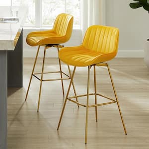 Modern 38.78 in. Height Yellow Velvet Swivel Bar Stools with 4-Metal Foots and Low Back (Set of 2)