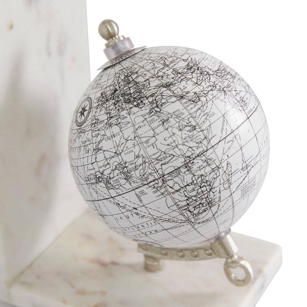 White Marble Globe Bookends with Silver Metal Accents, Set of 2