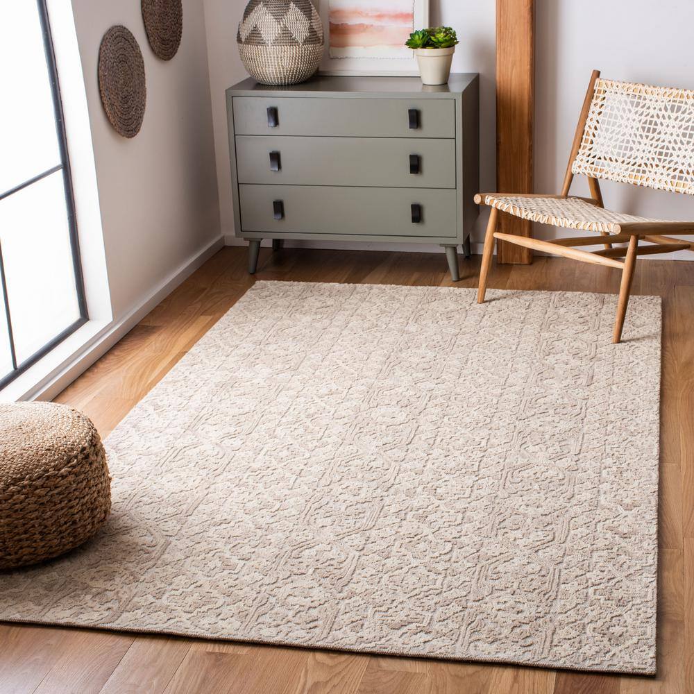 Beige and Light Brown Wool Abstract 4' x 6' Handmade Tufted Rug