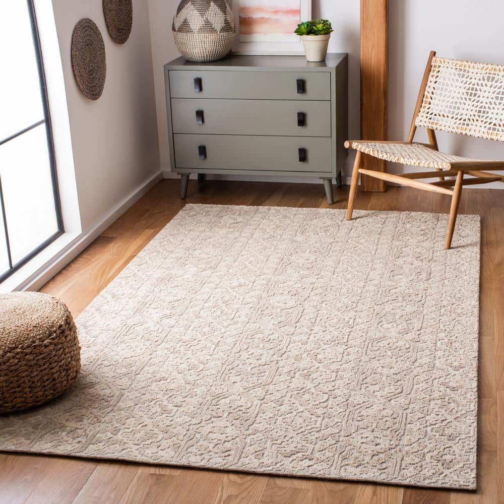 Handmade Abstract Tufted Wool Area Rug, 8' x 10', Beige and Light Brown