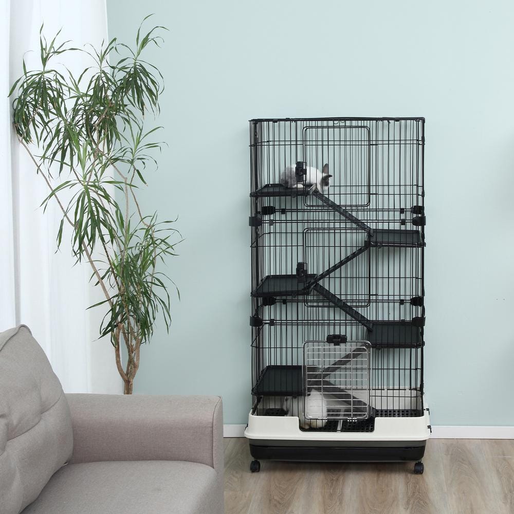 Black 6-Level Small Animal Cage with Lockable Wheels and Tray