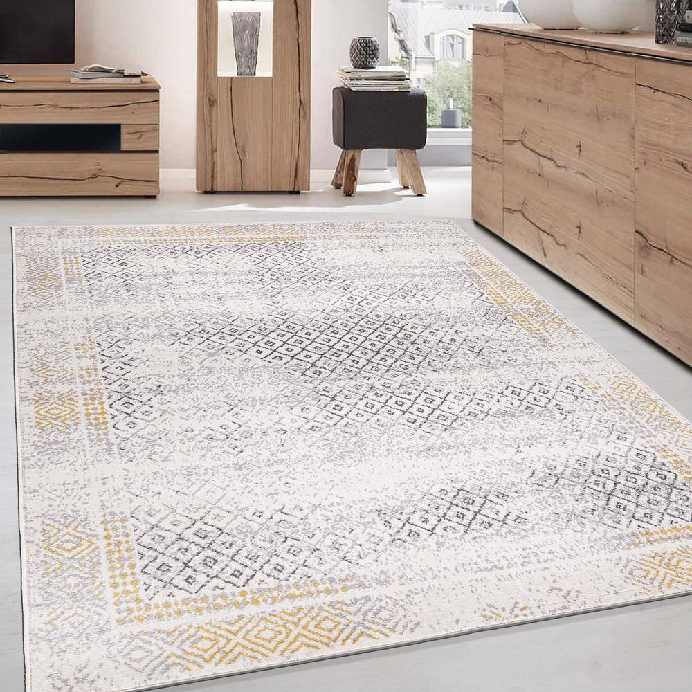 Yellow and Gray Geometric Oriental 5' x 7' Area Rug