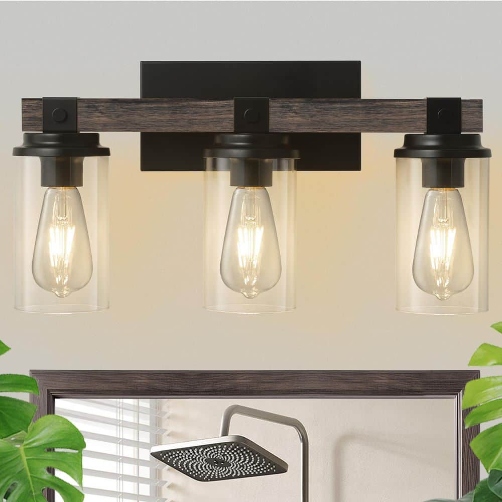 20 in. Farmhouse Bathroom Light Fixture, 3-Light Rustic Black and Wood Grain Vanity Light with Clear Glass Shade price history on PriceWatchPro