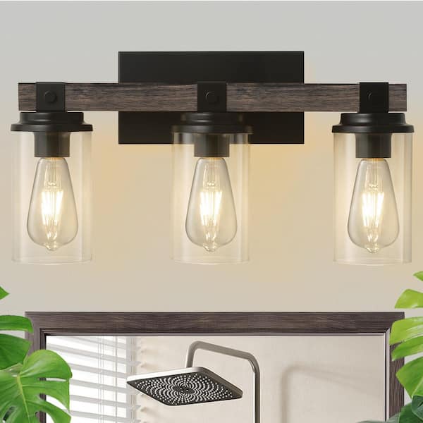 20 in. Farmhouse Bathroom Light Fixture, 3-Light Rustic Black and Wood Grain Vanity Light with Clear Glass Shade