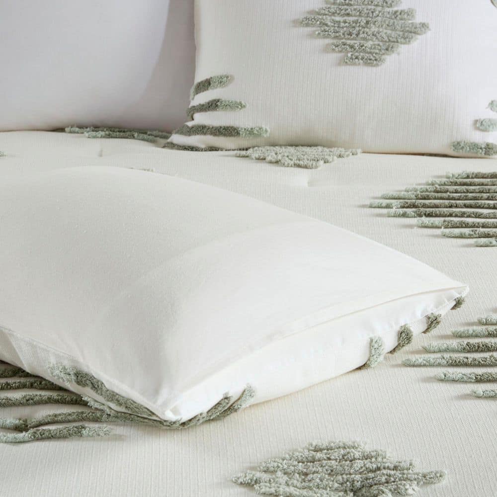 Ivory and Green Cotton Blend Chenille Full Comforter Set