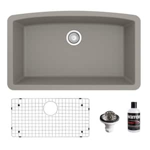 QU-712 Quartz/Granite 32 in. Single Bowl Undermount Kitchen Sink in Concrete with Bottom Grid and Strainer