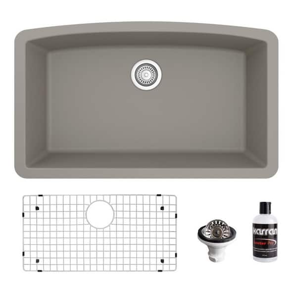 Karran QU-712 Quartz/Granite 32 in. Single Bowl Undermount Kitchen Sink in Concrete with Bottom Grid and Strainer