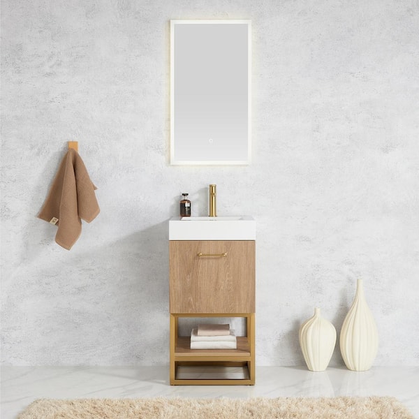 ROSWELL Alistair 18 in. W x 18 in. D x 34 in. H Single Sink Bath Vanity in N.American Oak with WH Composite Stone Top and Mirror