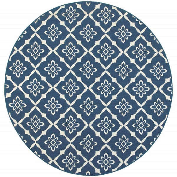 8' Round Blue And Ivory Round Floral Stain Resistant Indoor Outdoor Area Rug 8' Round Blue And Ivory Round Floral Stain Resistant Indoor Outdoor Area Rug