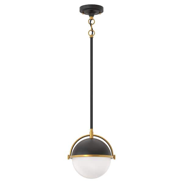 Emeritpro 1-Light Black and Gold Mini Pendant Light with Globe Milky Glass Shade E26 Socket No Light Bulb Included