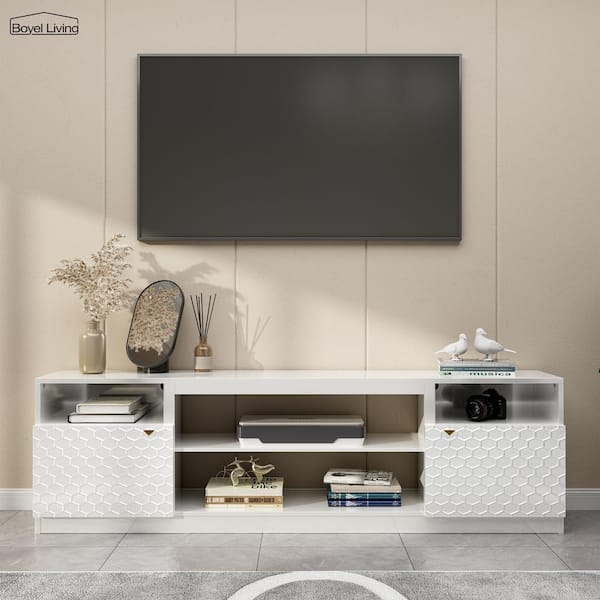 Boyel Living White TV Stand Fits TVs up to 70 to 80 in. with 2 Storage Cabinets
