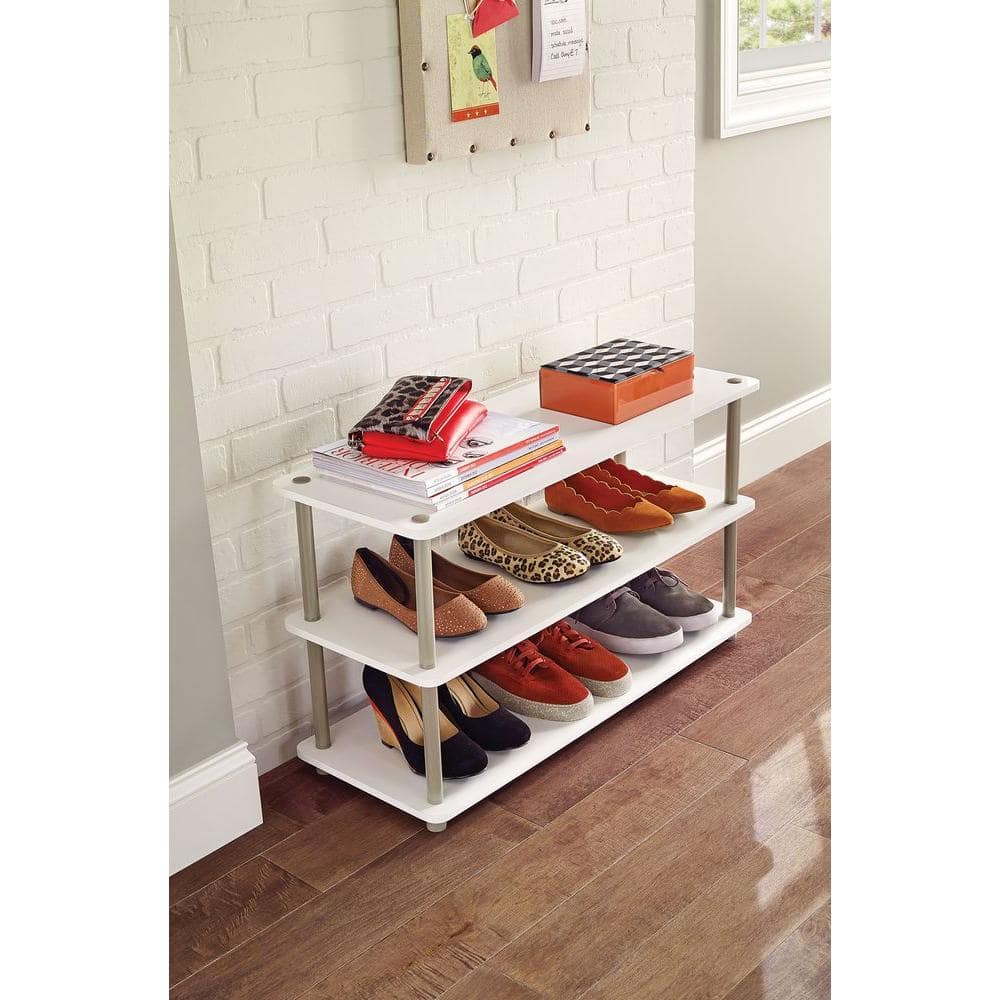 White 3-Tier Wood and Metal Stackable Shoe Organizer