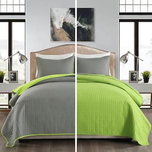 Gray/Lime green Reversible Queen Quilt Set