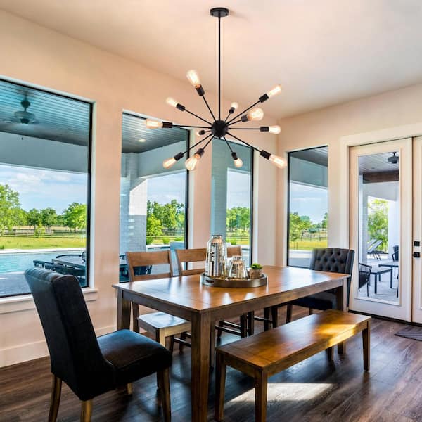 12-Light Black Pendant Design Hanging Sputnik Chandelier Lighting for Kitchen Island